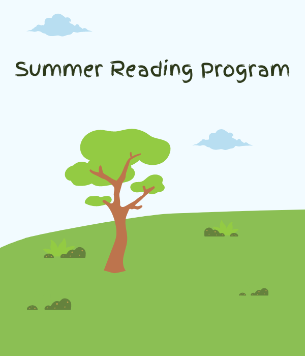Illustration of hill with a tree, clouds in the sky and the words Summer Reading Program