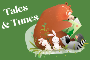 illustration of a bear wearing glasses and reading to other woodland creatures