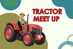 illustration of a farmer on a red tractor on a green and blue background