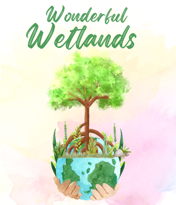 illustration of a globe with a tree and grasses growing out of it; the word Wonderful Wetlands