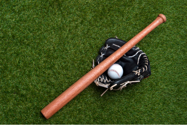 baseball glove, ball and bat lying on grass