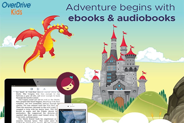Illustration of castle, dragon and tablet to read books