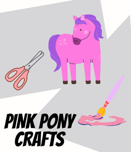 illustrations of a pink pony, scissors and a paint brush