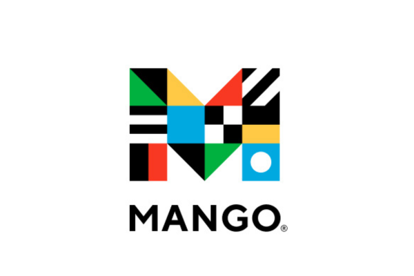 Letter M made of different geometric shapes with the words Mango: language is an adventure