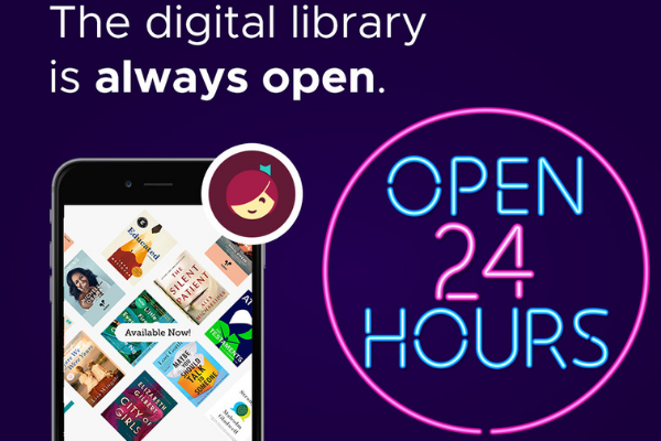 Mobile phone showing book covers, circle beside saying Open 24 hours