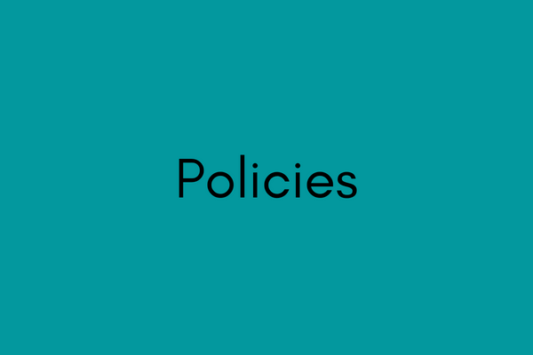 Turquoise coloured square with word Policies