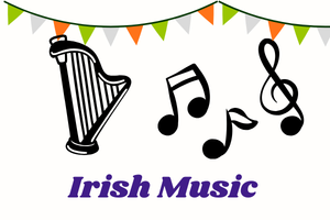 illustration of a harp, music notes and a treble clef