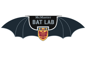 logo of McMaster University Bat Lab: illustration of a pair of bat wings with the university's coat of arms in the body section